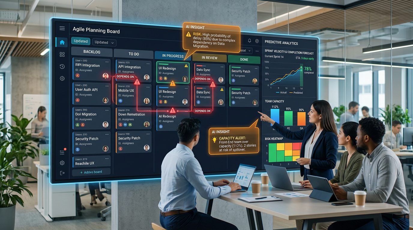 A team at a large screen showing an agile planning board with AI insight callouts flagging a delay risk and an over-capacity front-end team, beside predictive analytics, team capacity bars and a risk heatmap.