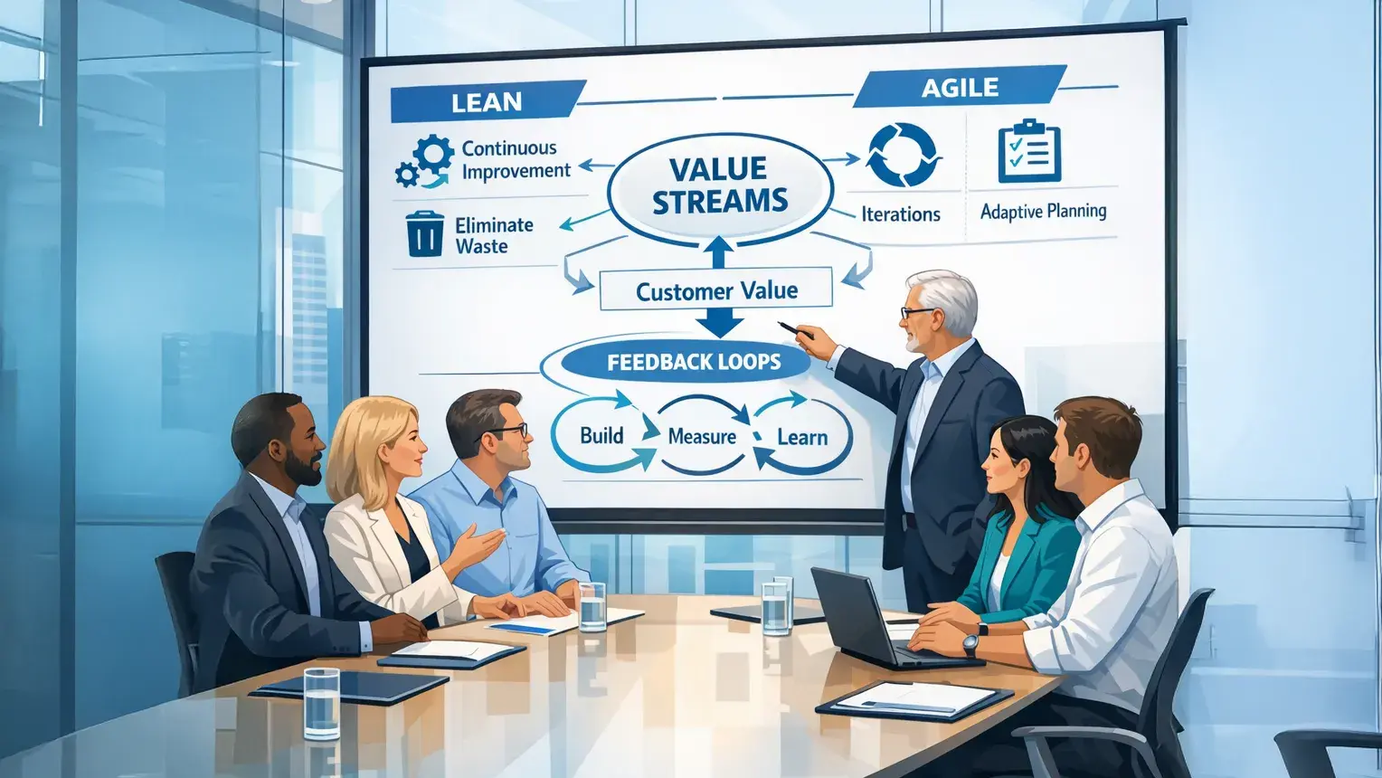 A presenter at a whiteboard showing Lean and Agile feeding into value streams, customer value and build-measure-learn feedback loops, while five executives look on from a boardroom table.