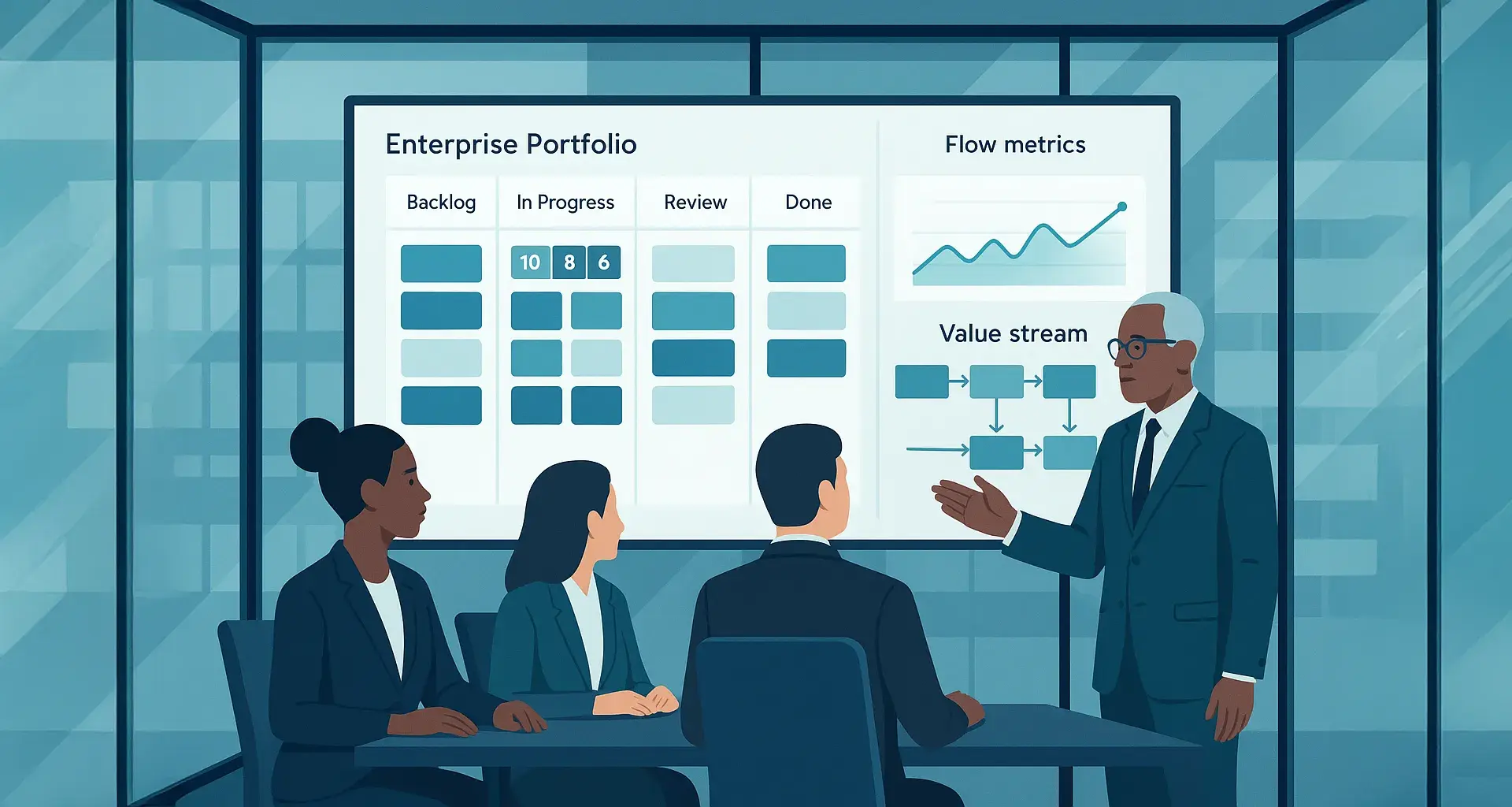 Illustration of a presenter showing three colleagues an enterprise portfolio kanban board with backlog, in progress, review and done columns, alongside a rising flow-metrics chart and a value stream diagram.