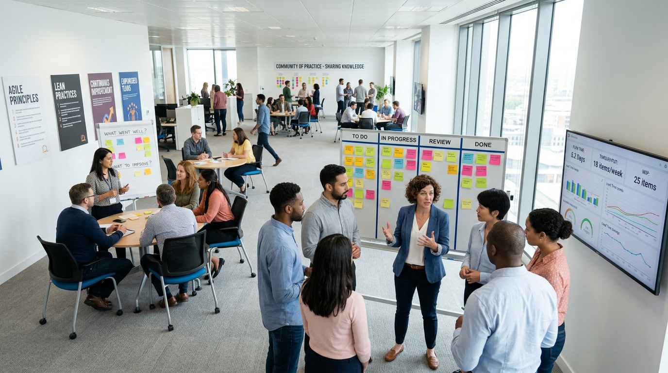 An open-plan office where several groups work simultaneously — a retrospective at a flip chart, a standup at a sticky-note kanban board, and a wall screen showing flow time, throughput and WIP.