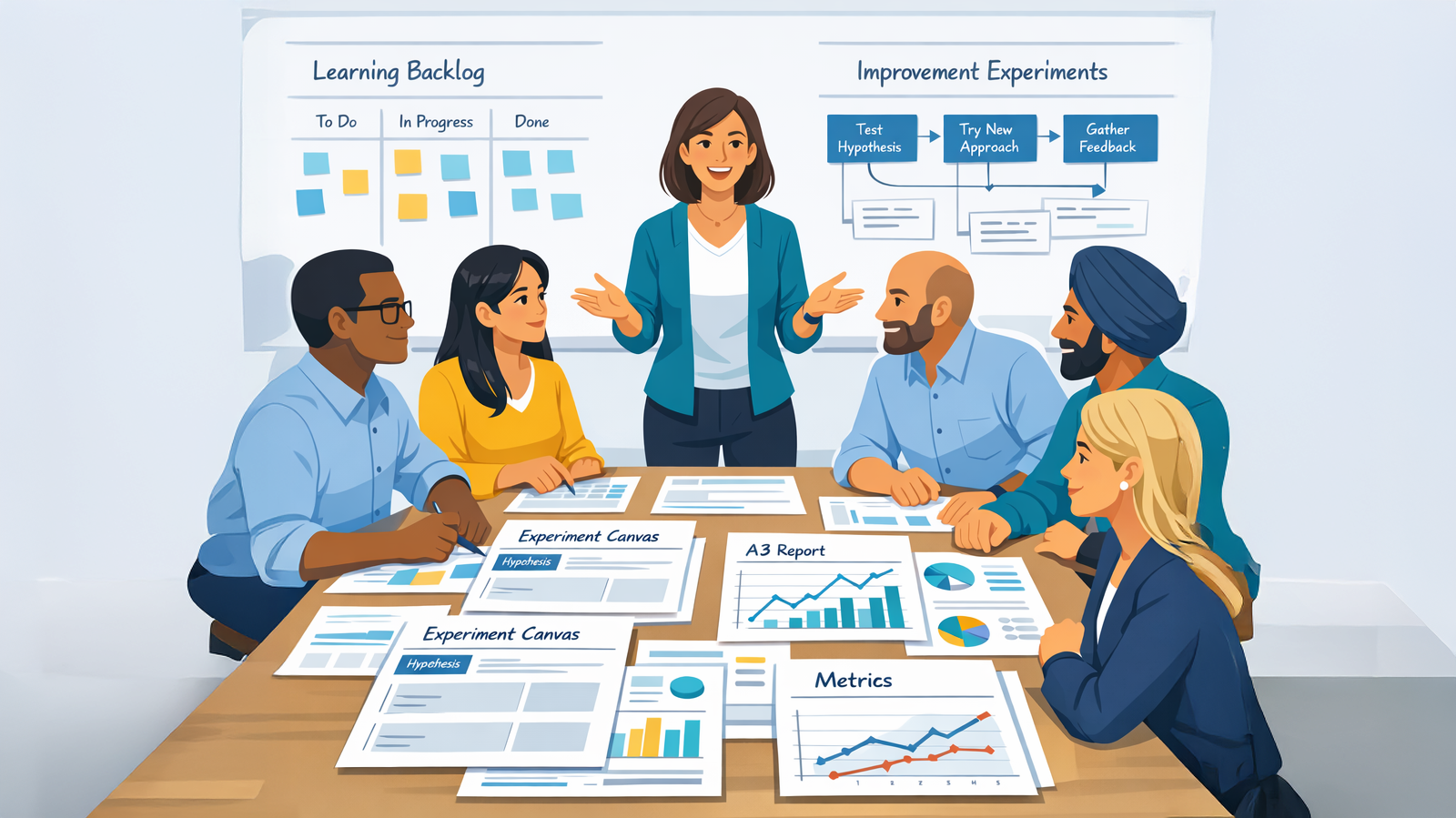 A facilitator leading six colleagues around a table covered in experiment canvases, A3 reports and metrics charts, with a learning backlog and an improvement-experiment flow on the wall behind.