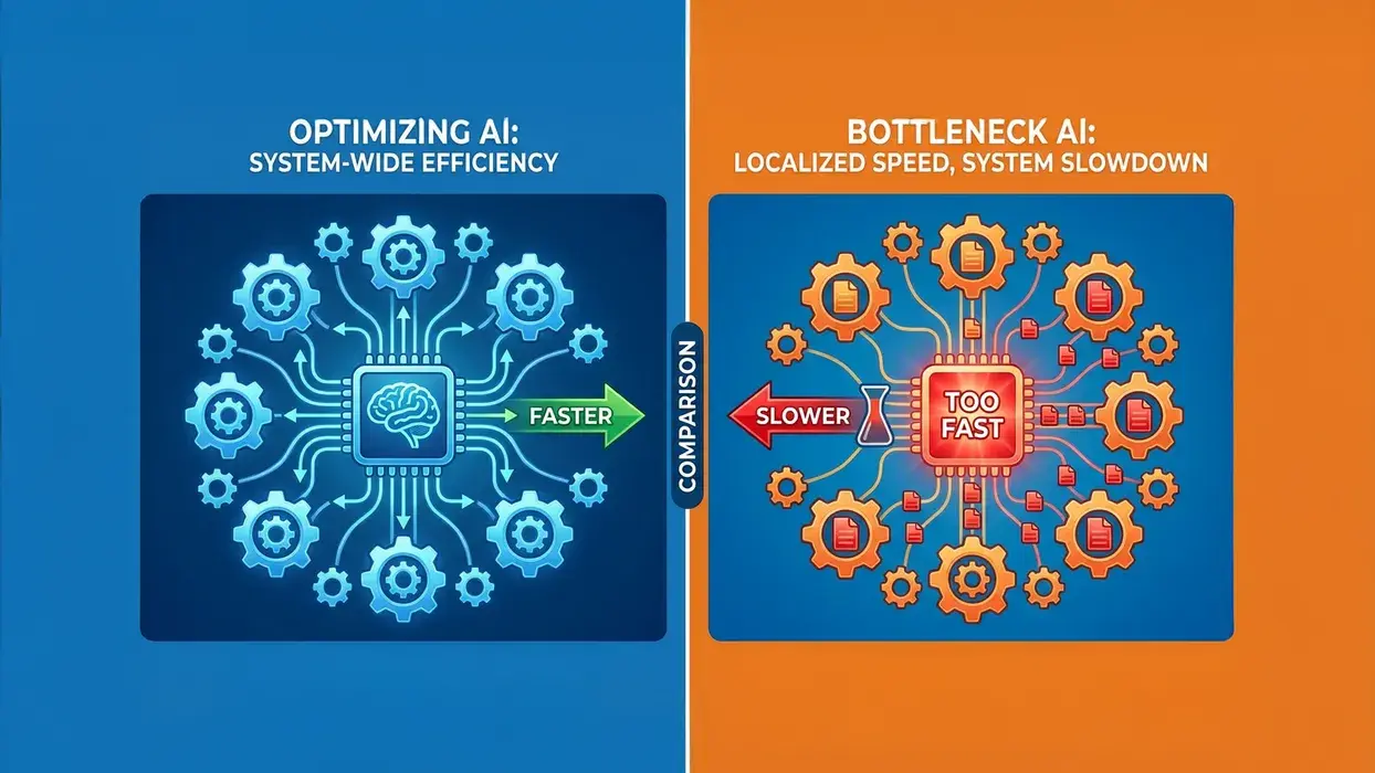 Side-by-side comparison: "Optimizing AI: system-wide efficiency" with gears turning together toward a green faster arrow, against "Bottleneck AI: localized speed, system slowdown" where one overheating core races ahead and backs work up behind it.